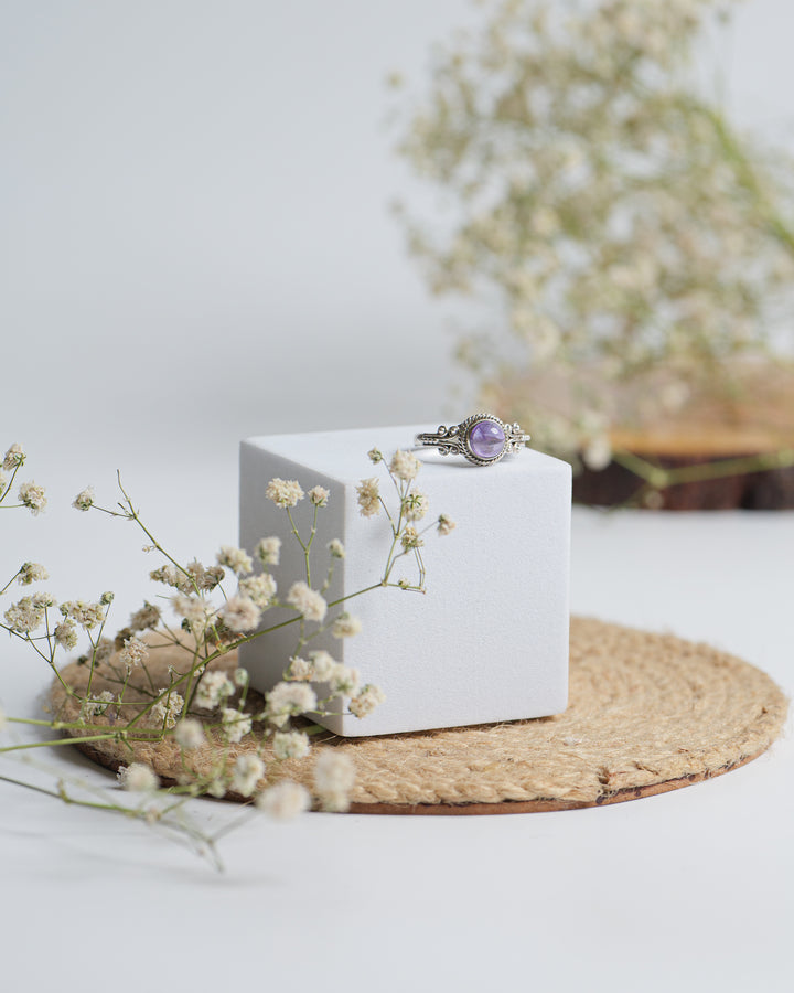 Amethyst 925 Silver Carved Round Ring The Spring Story