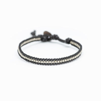 Black-Silver Leather & Bead Bracelet