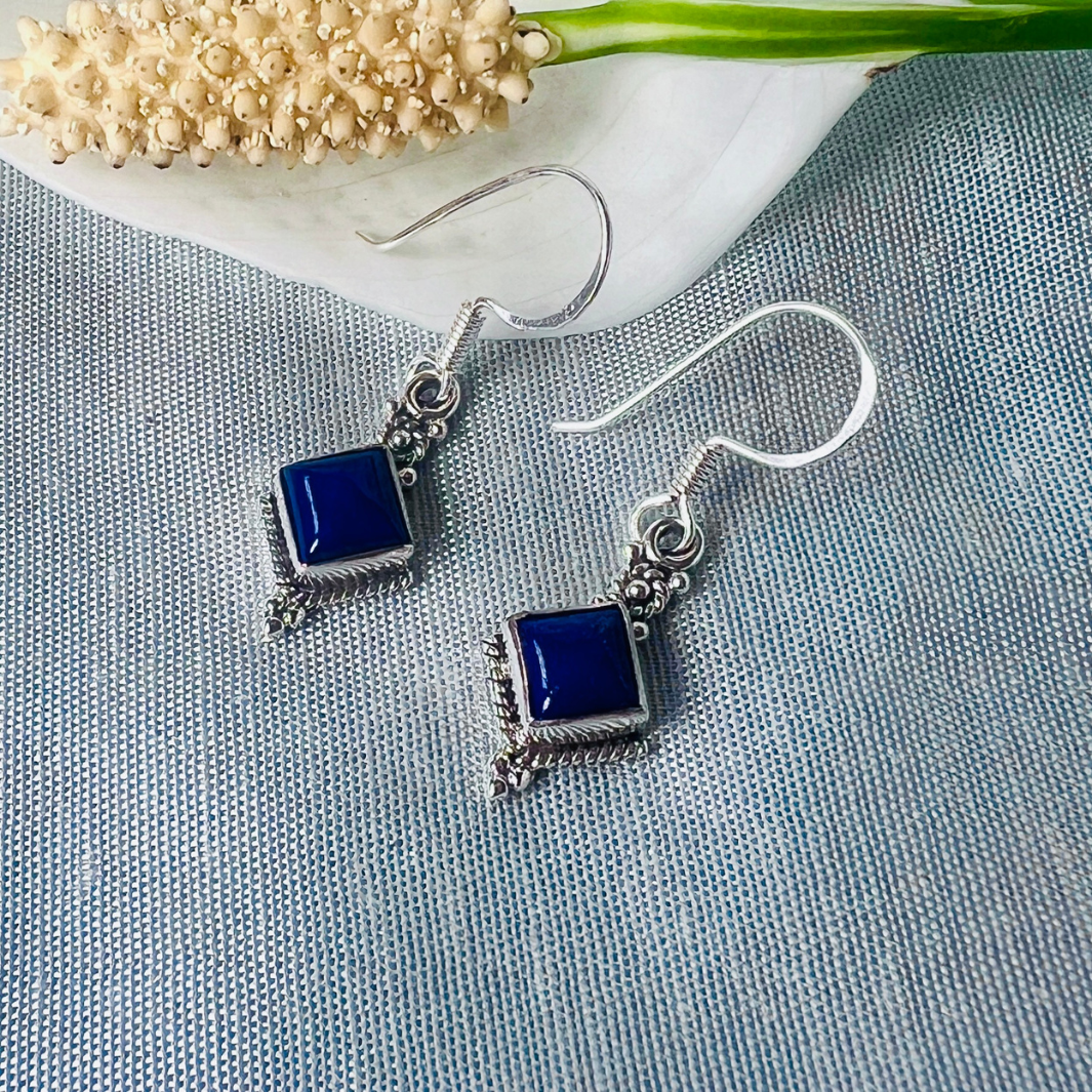 Lapis Diamond Shape 925 Silver Earrings