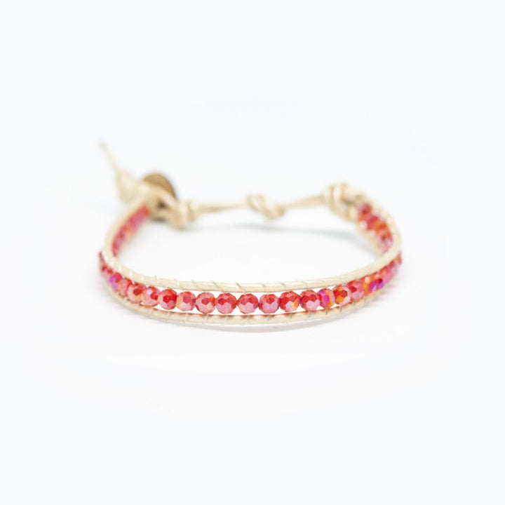 Cream-Pink Leather & Bead Bracelet