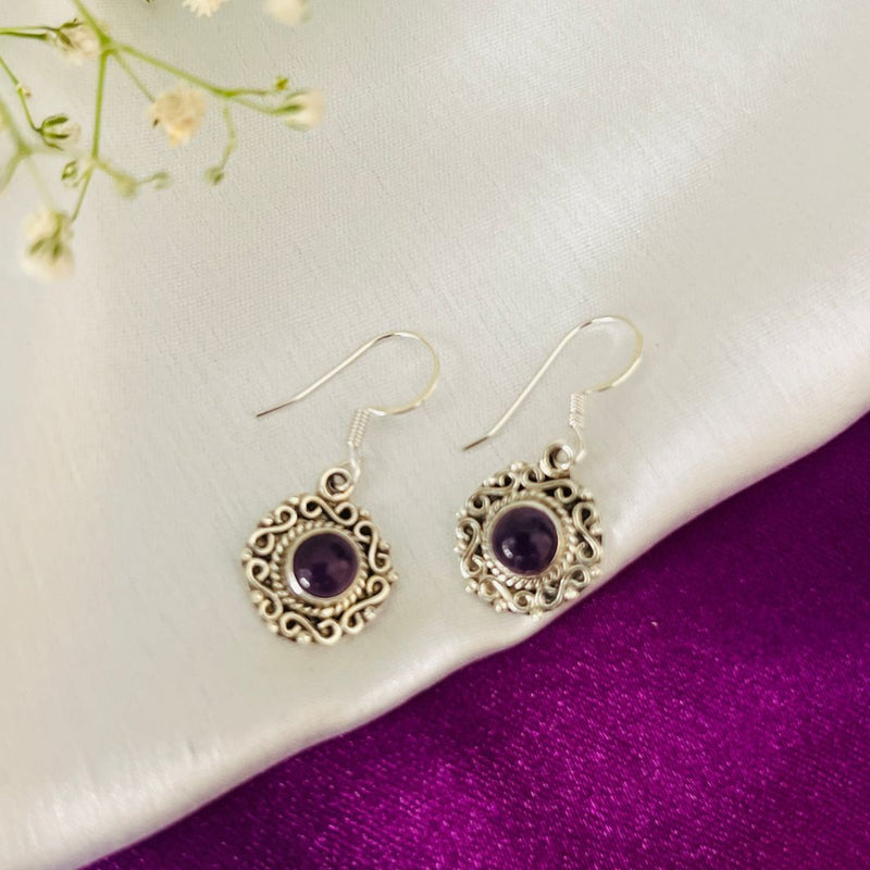 Amethyst Carved Round 925 Silver Earrings