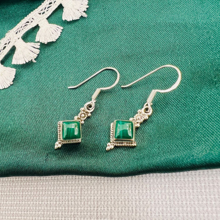 Malachite Diamond Shape 925 Silver Earrings