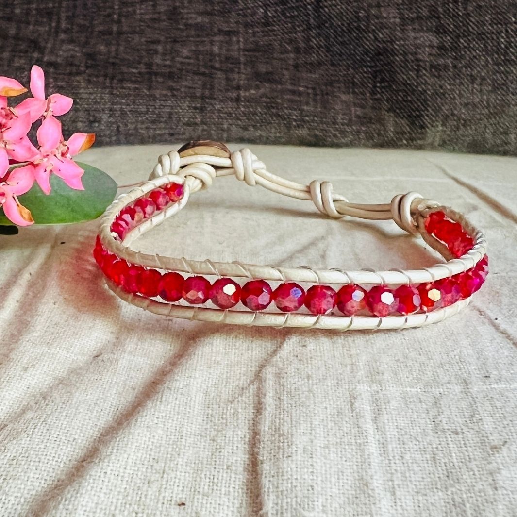 Cream-Pink Leather & Bead Bracelet