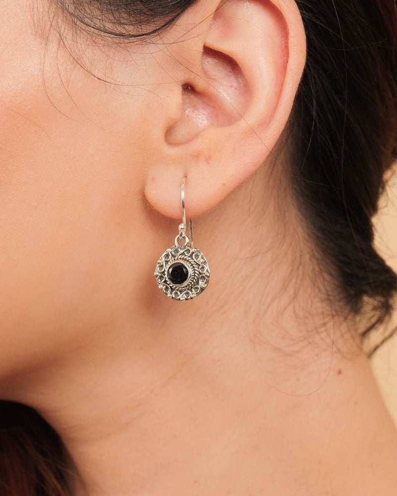Black Onyx 925 Silver Carved Round Earrings