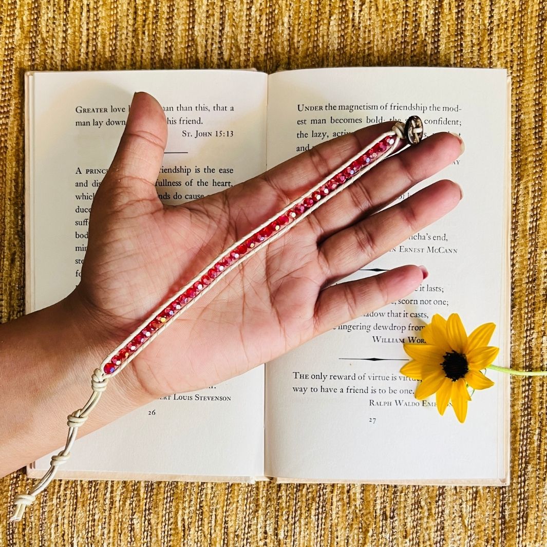 Cream-Pink Leather & Bead Bracelet