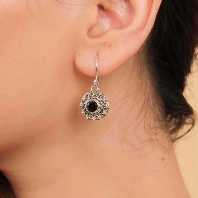 Black Onyx 925 Silver Carved Round Earrings