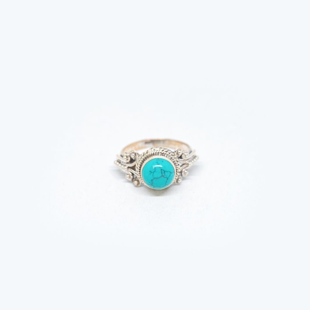 Turquoise 925 Silver Carved Round Ring