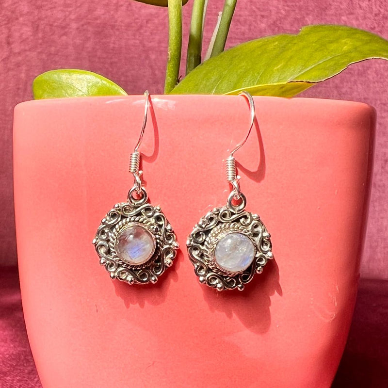 Moon Stone Carved Round 925 Silver Earrings