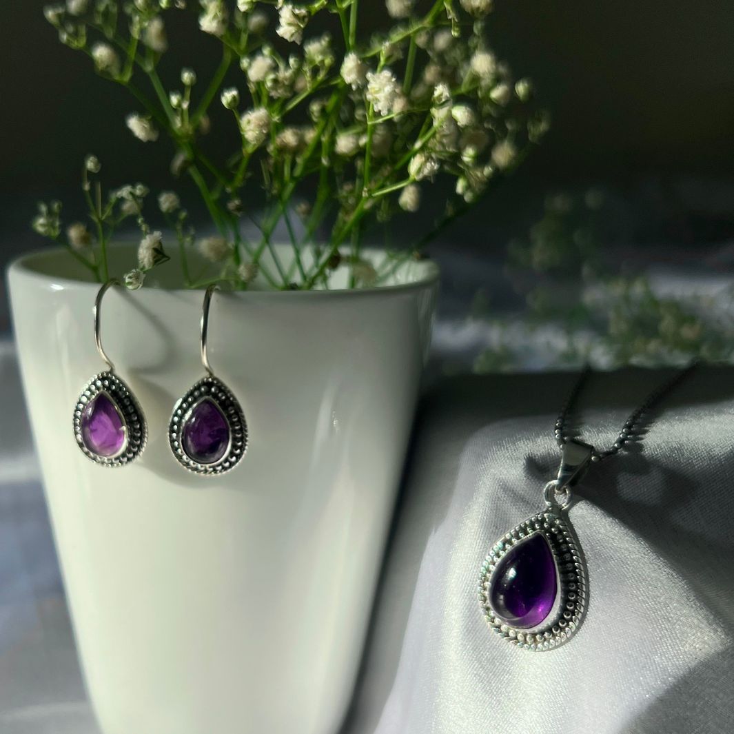 Amethyst Drop 925 Silver Earring & Pendant Set