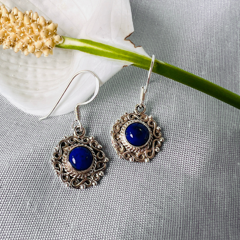 Lapis 925 Silver Carved Round Earrings