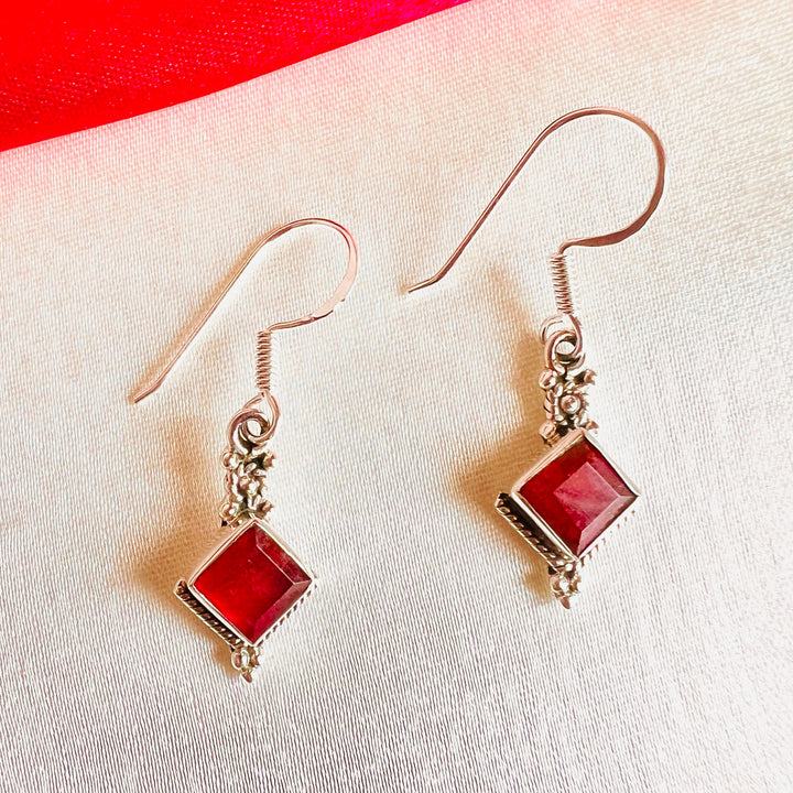 Dyed Ruby Diamond Shape 925 Silver Earrings