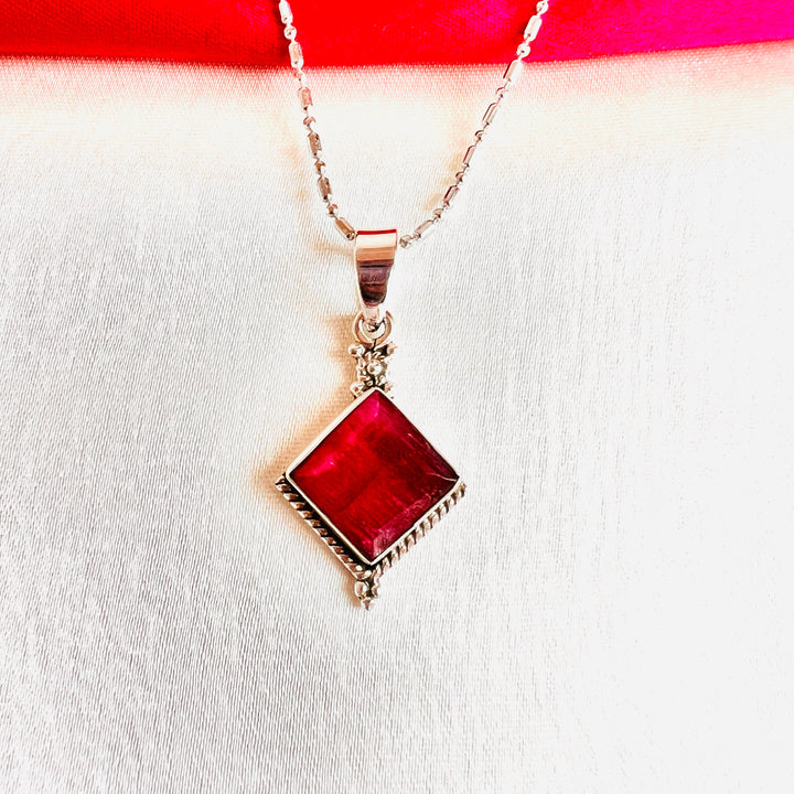 Dyed Ruby Diamond Shape 925 Silver Pendant