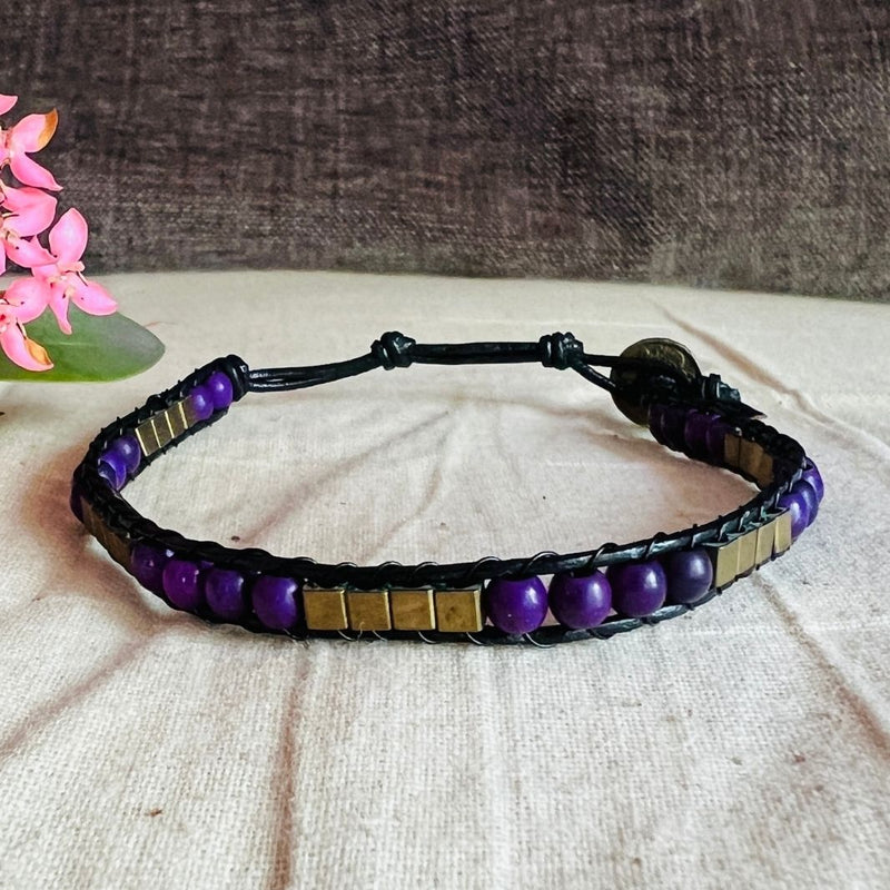 Purple-Golden Leather & Bead Bracelet