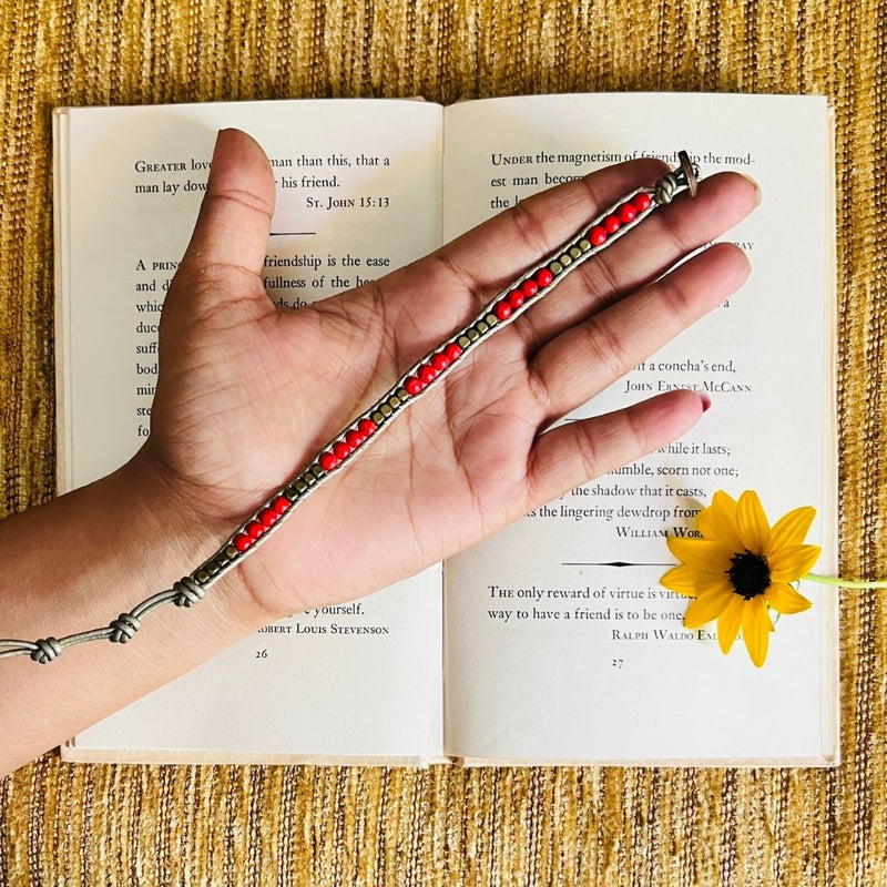 Red-Golden Leather & Bead Bracelet
