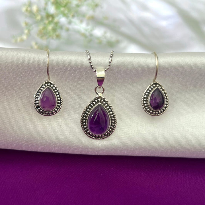 Amethyst Drop 925 Silver Earring & Pendant Set