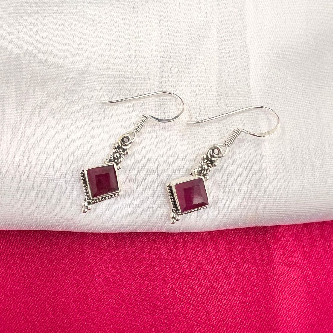 Dyed Ruby Diamond Shape 925 Silver Earrings