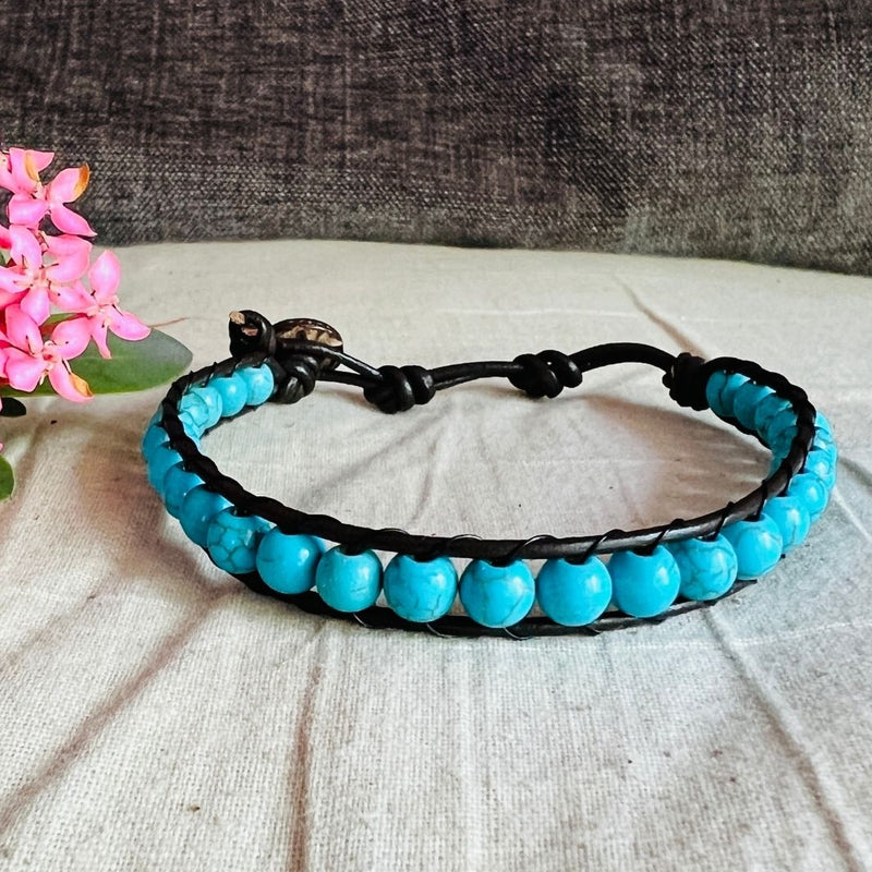 Turquoise Leather & Bead Bracelet
