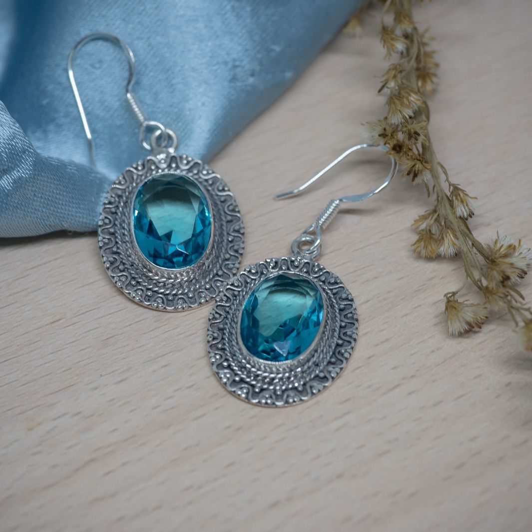 Blue Topaz 925 Silver Oval Earrings