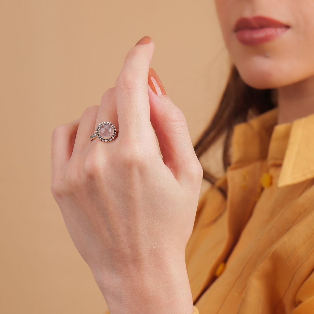 Rose Quartz 925 Silver Round Ring