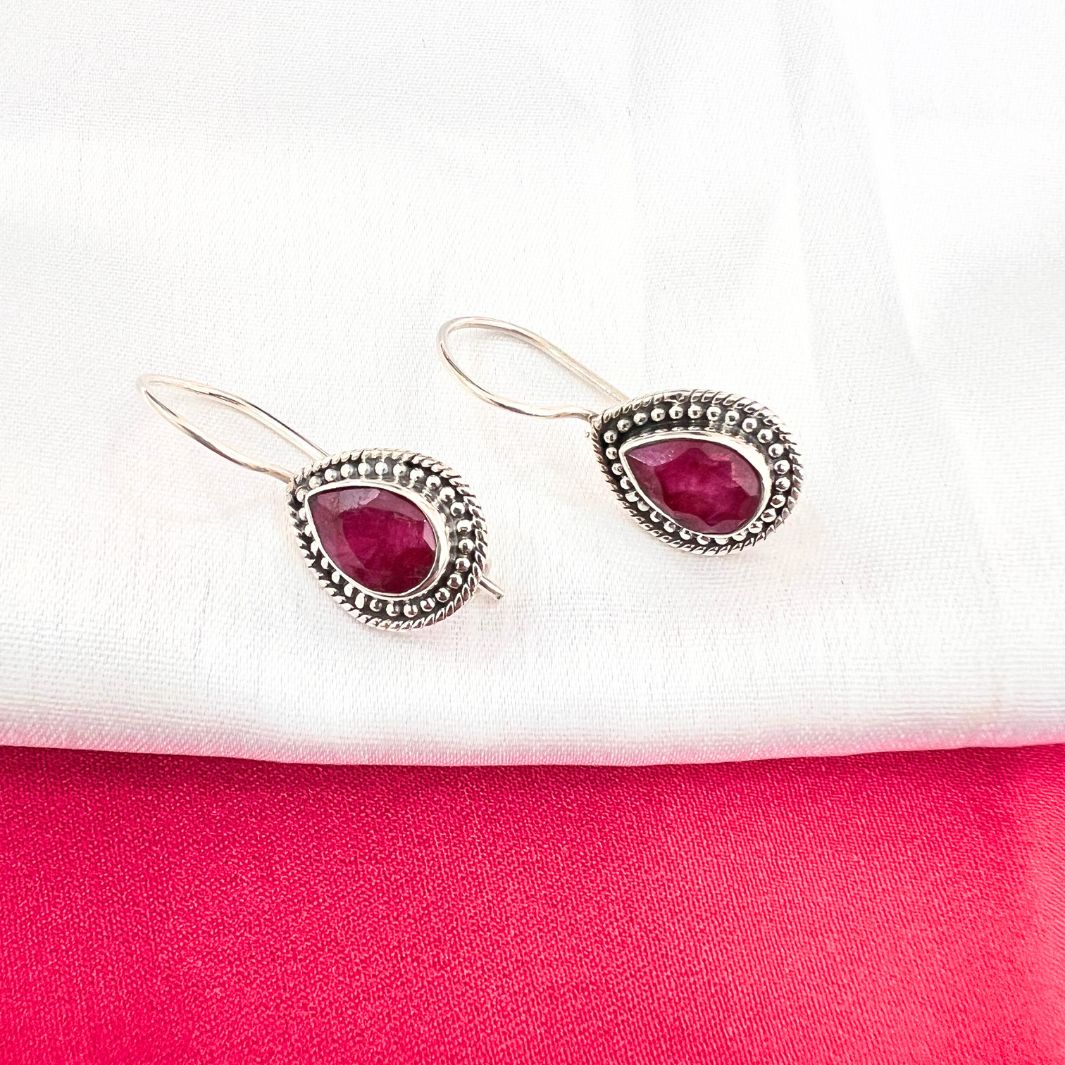 Dyed Ruby Drop Shape 925 Silver Earrings