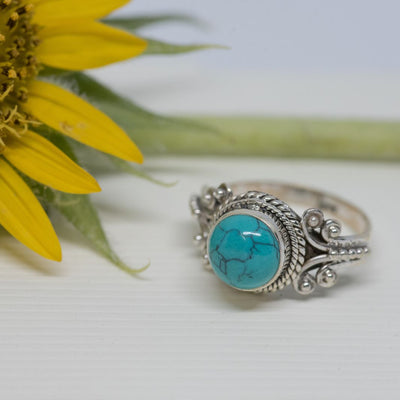 Turquoise 925 Silver Carved Round Ring