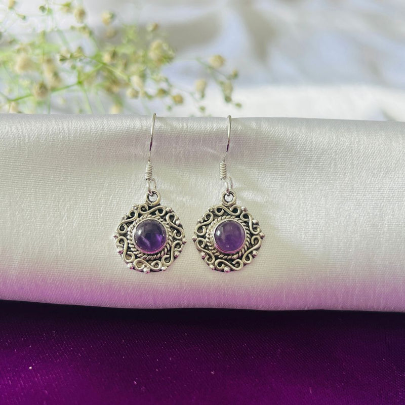 Amethyst Carved Round 925 Silver Earrings