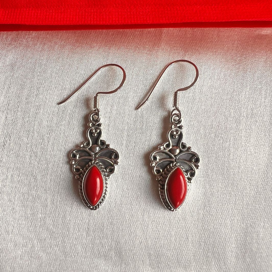 Coral 925 Silver Marquise Earrings