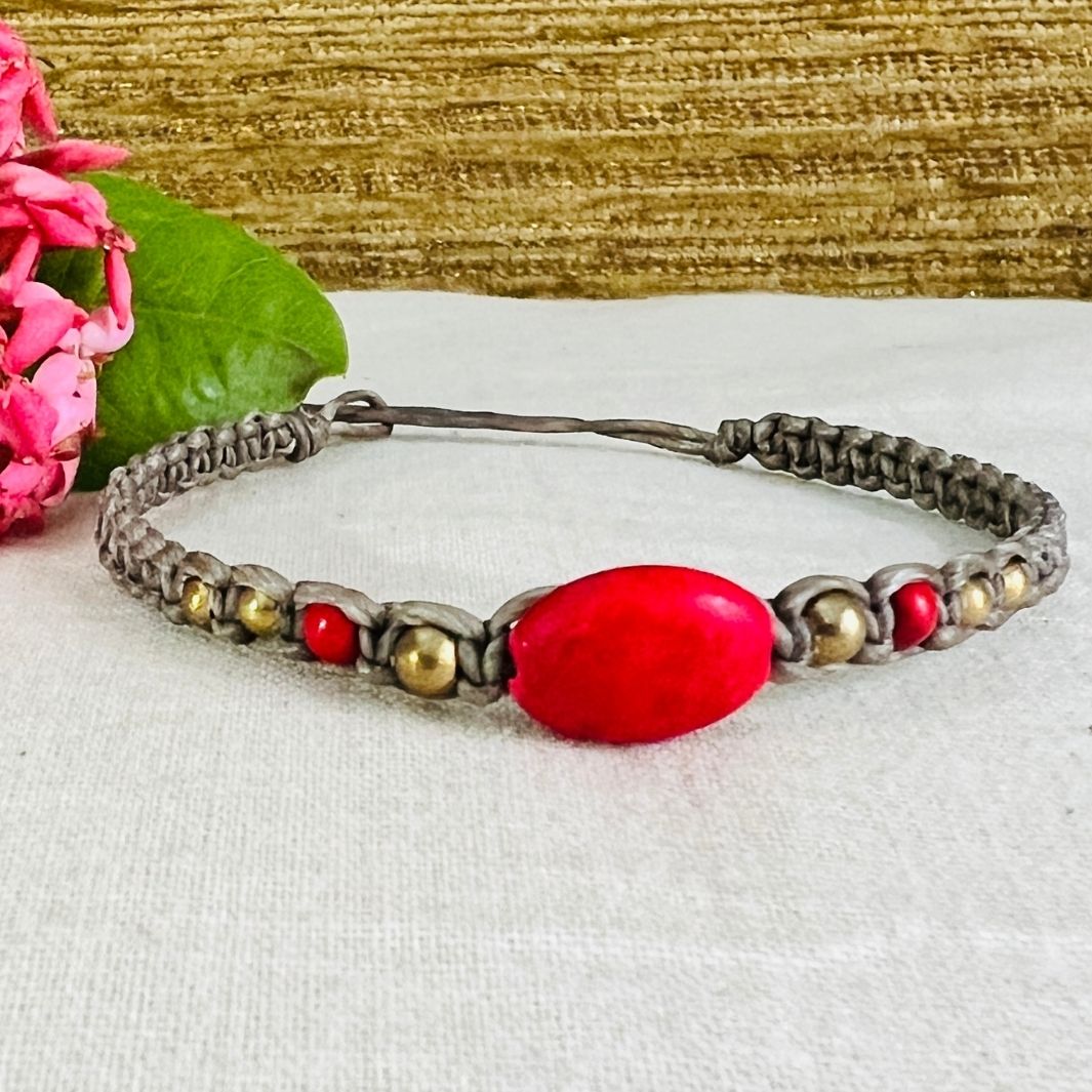 Grey-Red Thread & Bead Bracelet