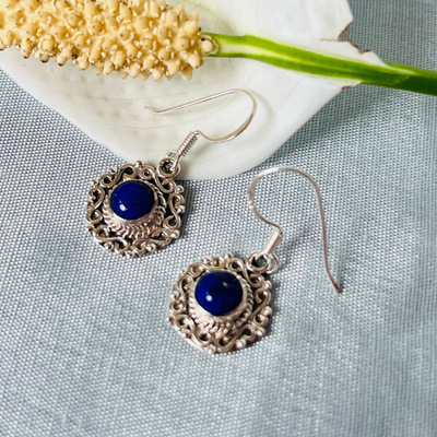 Lapis 925 Silver Carved Round Earrings