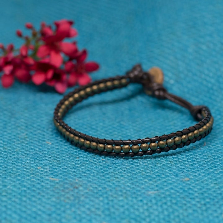 Black-Golden Leather & Bead Bracelet