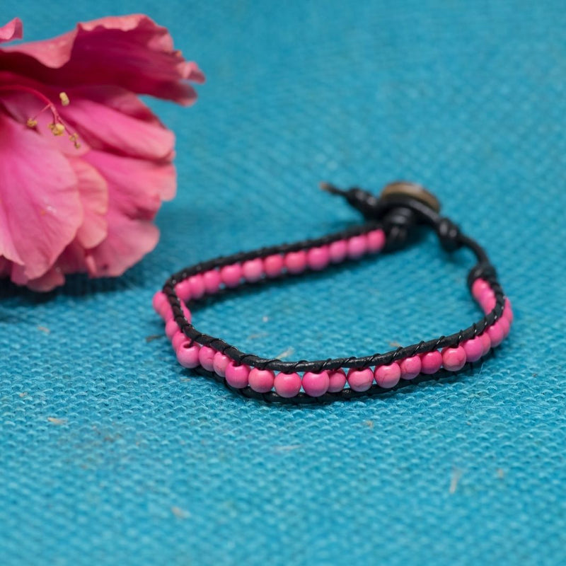 Black-Pink Leather & Bead Bracelet