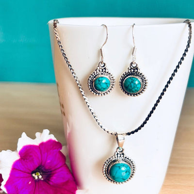Turquoise Round 925 Silver Earring & Pendant Set