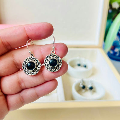 Black Onyx 925 Silver Carved Round Earrings