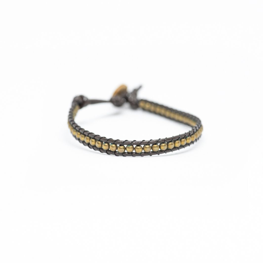 Black-Golden Leather & Bead Bracelet