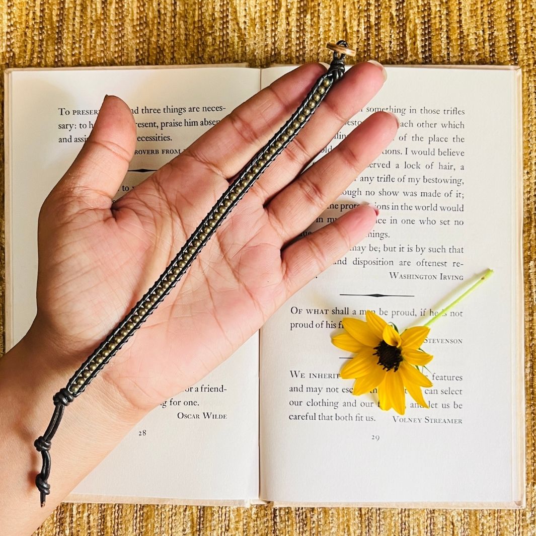 Black-Golden Leather & Bead Bracelet