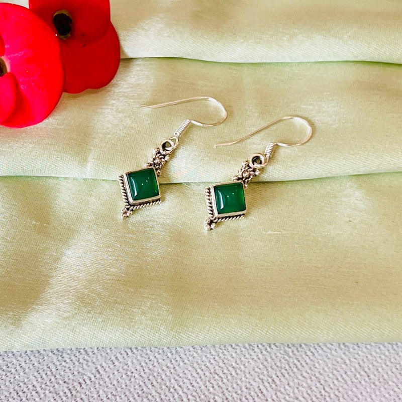 Green Onyx Diamond 925 Silver Earrings