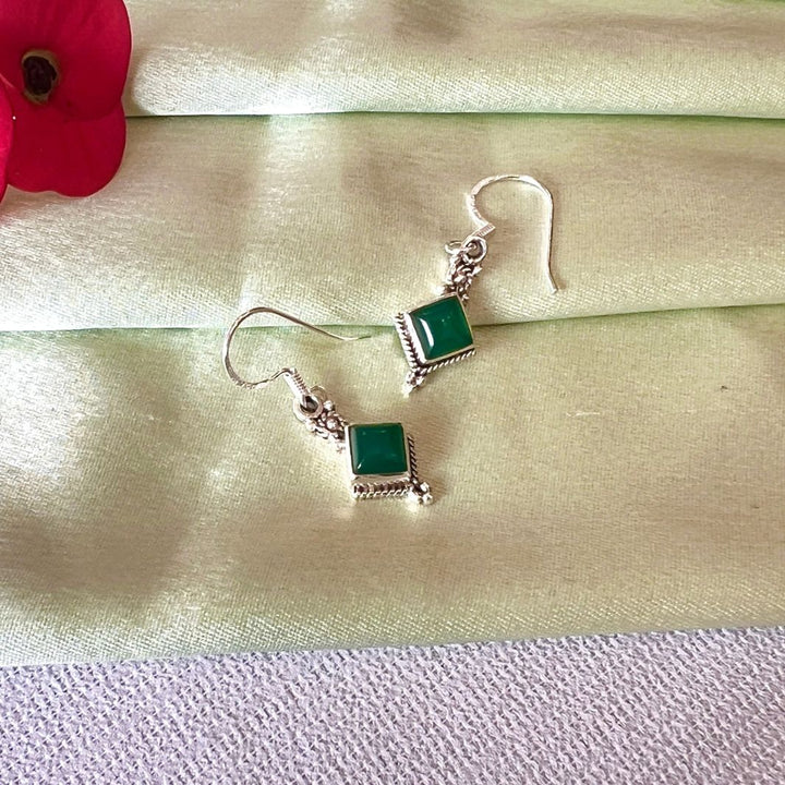 Green Onyx Diamond Shape 925 Silver Earrings