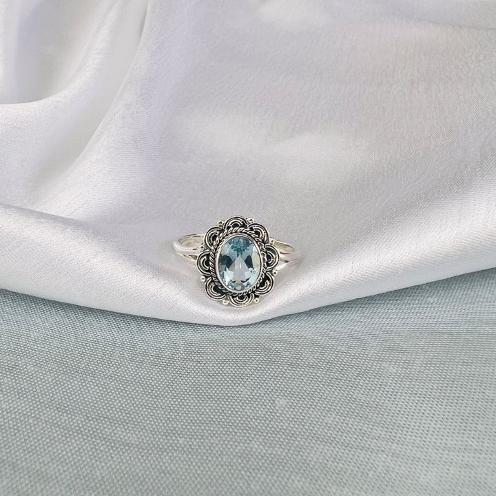 Blue Topaz 925 Silver Flower Cut Ring