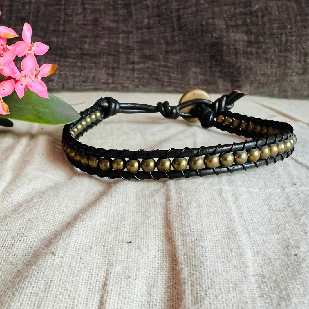 Black-Golden Leather & Bead Bracelet