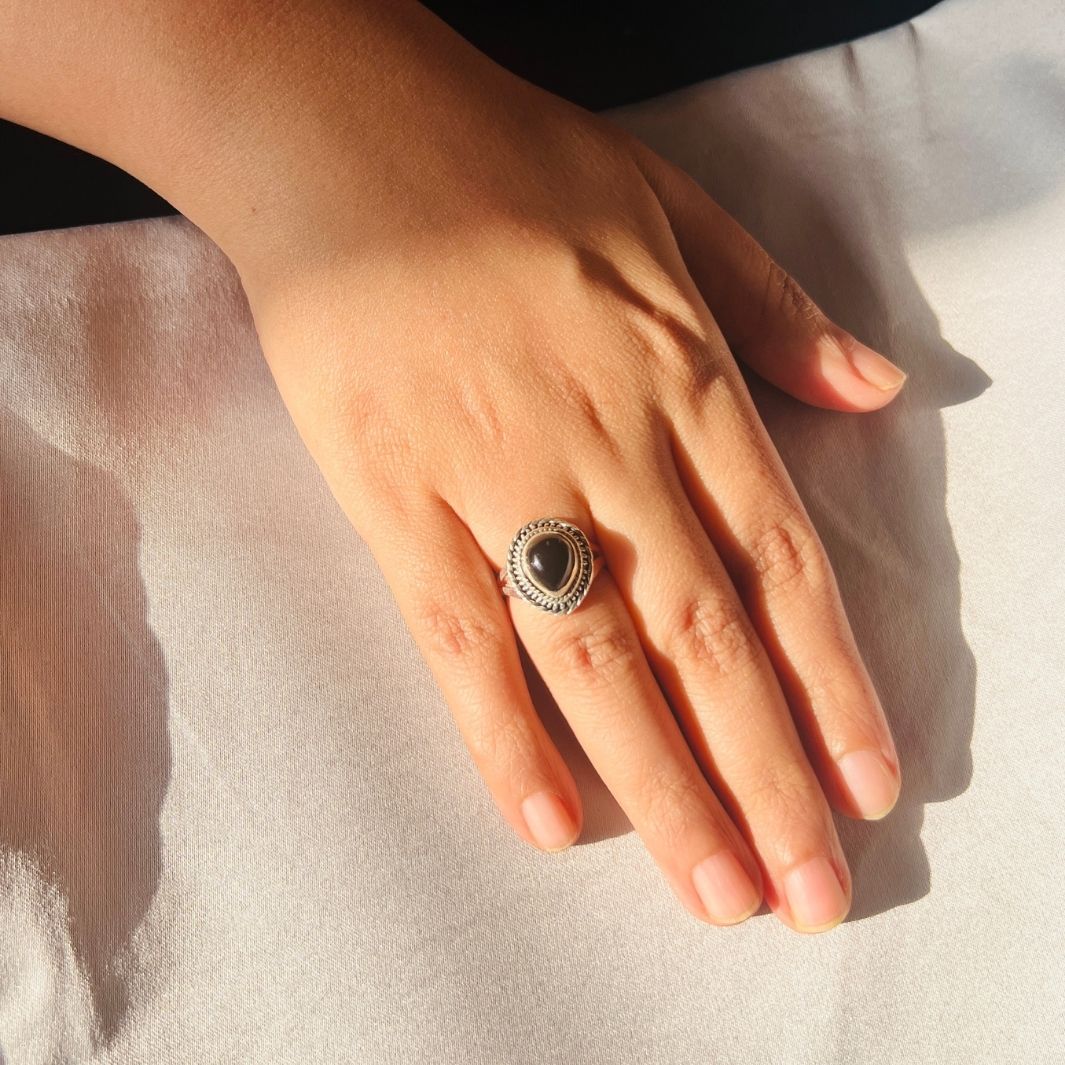 Black Onyx 925 Silver Drop Ring