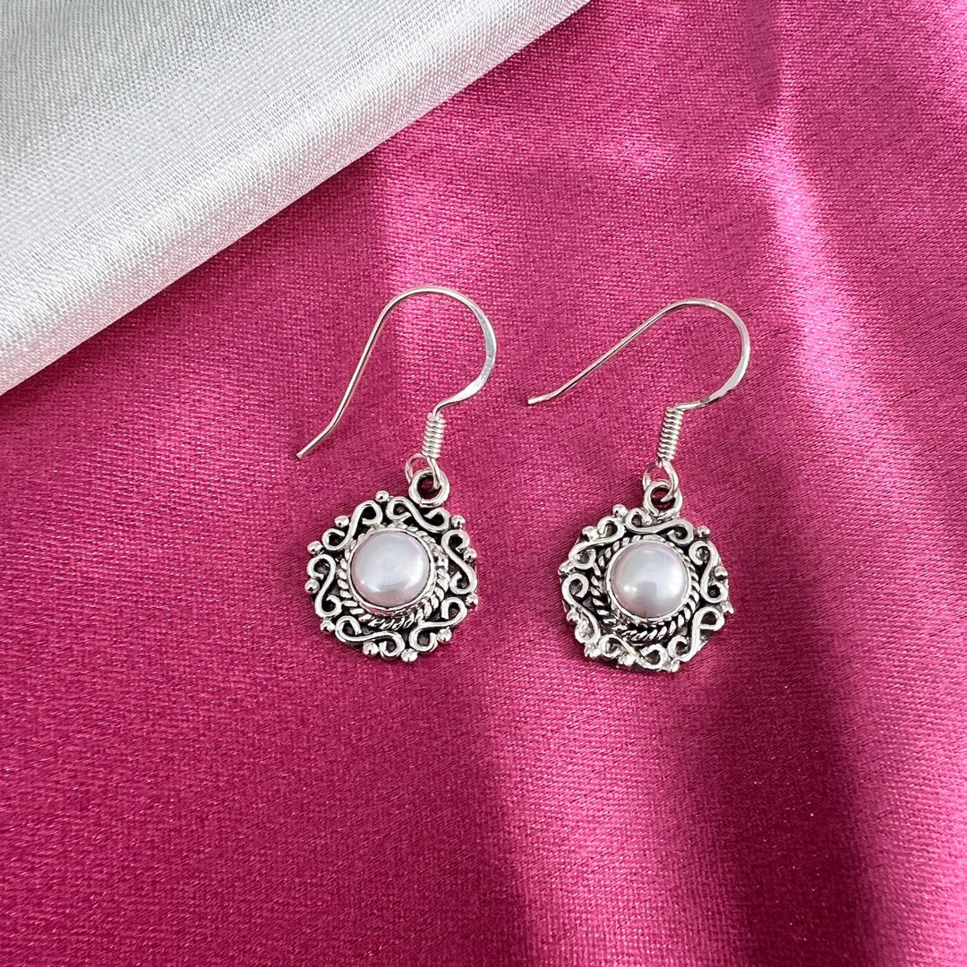 Pearl Carved Round 925 Silver Earrings