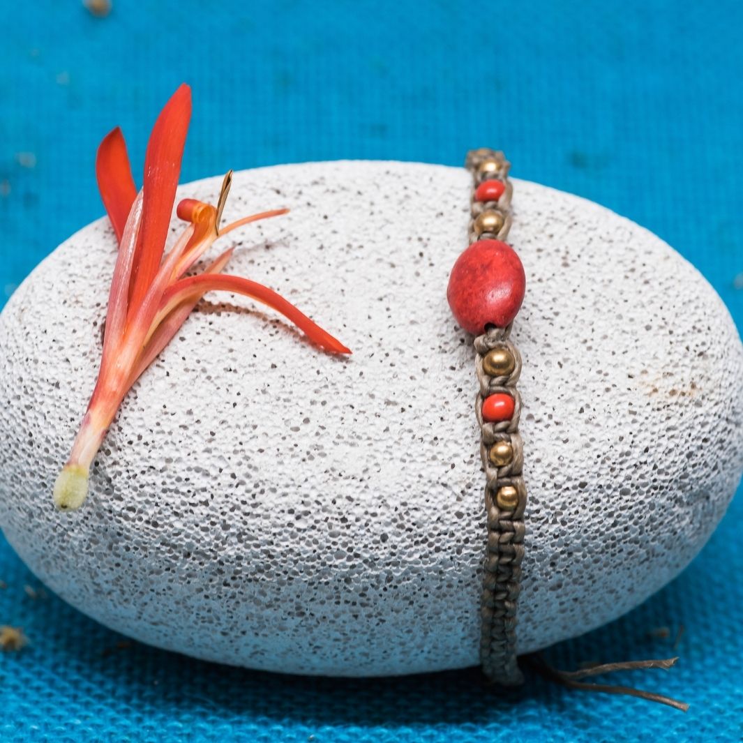 Grey-Red Thread & Bead Bracelet