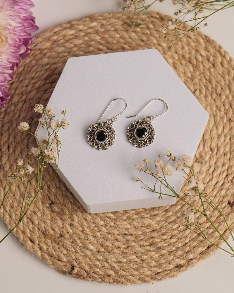 Black Onyx 925 Silver Carved Round Earrings