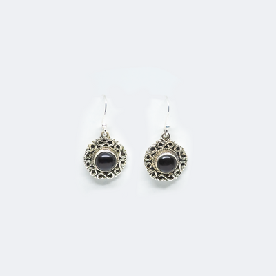 Black Onyx 925 Silver Carved Round Earrings