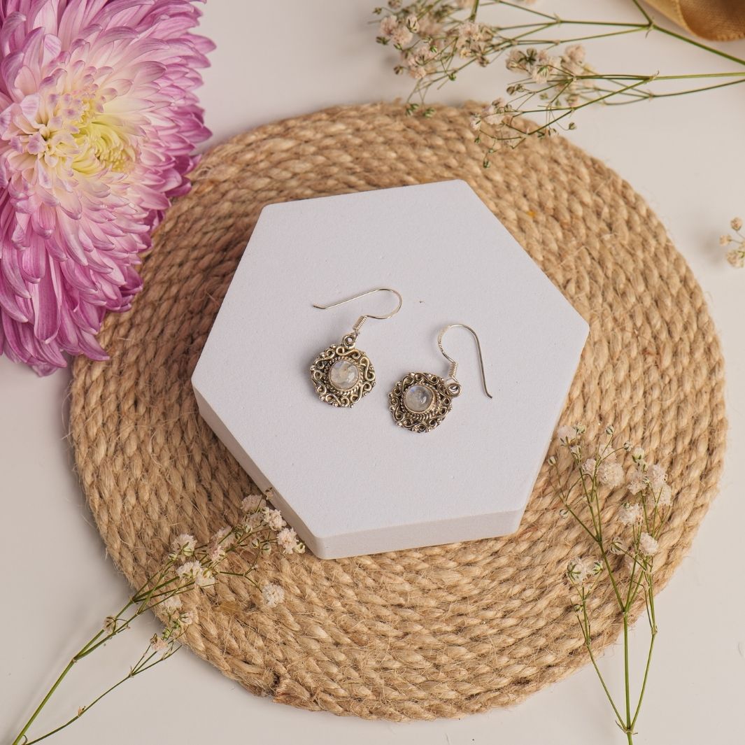 Moon Stone Carved Round 925 Silver Earrings