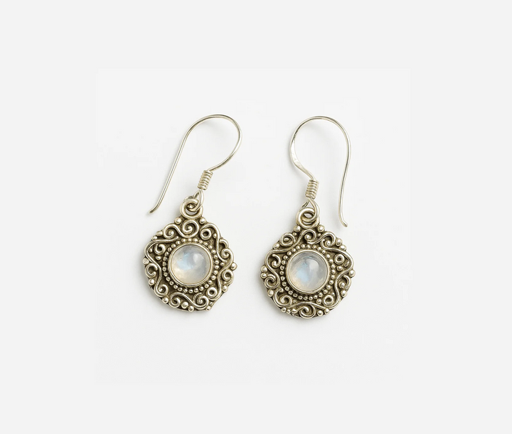 Moon Stone Carved Round 925 Silver Earrings