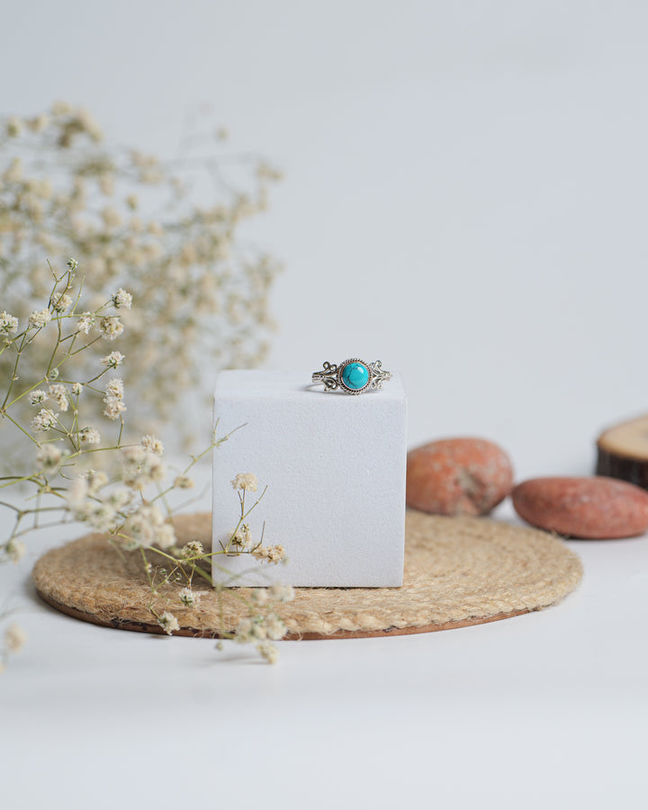 Turquoise 925 Silver Carved Round Ring The Spring Story