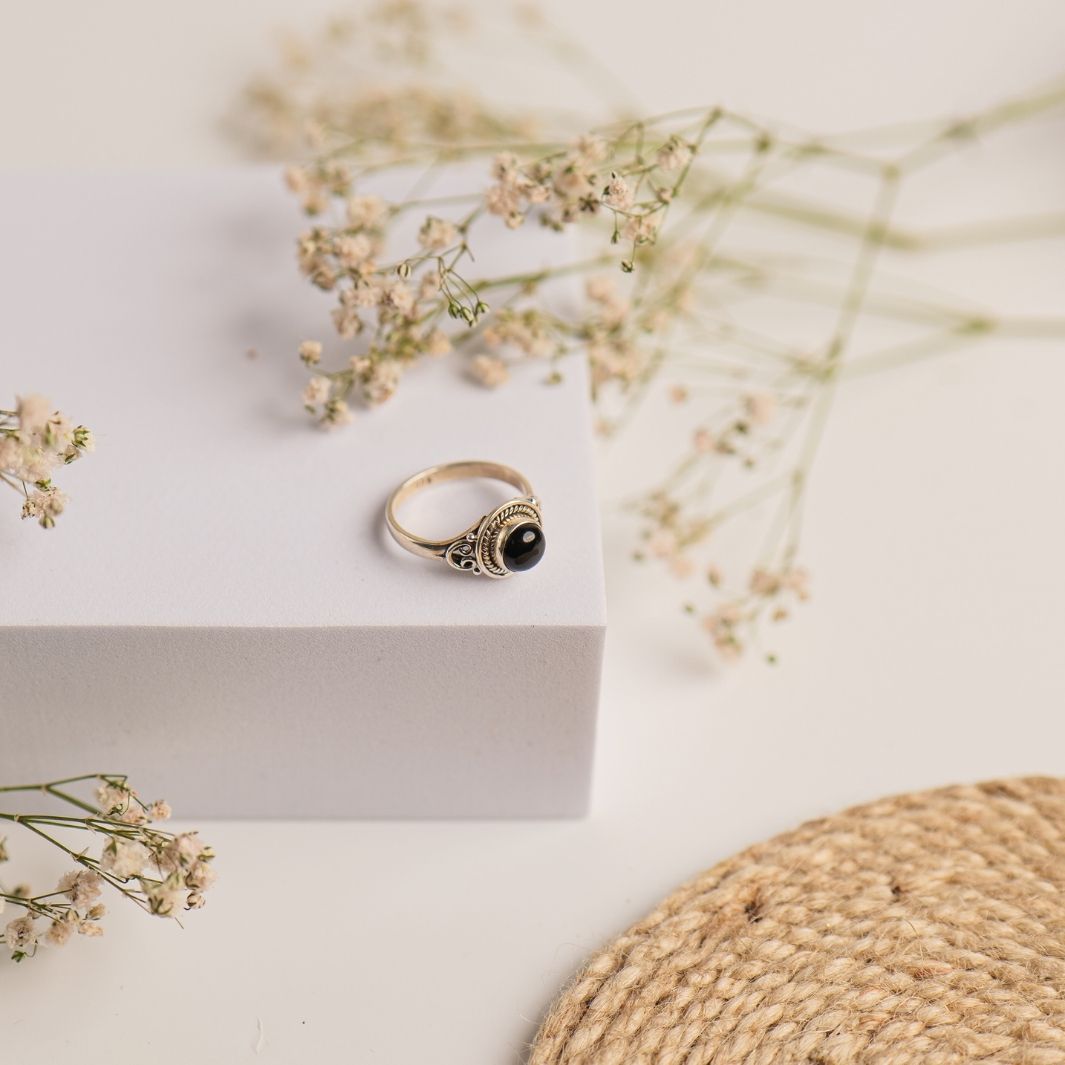 Black Onyx 925 Silver Round Ring