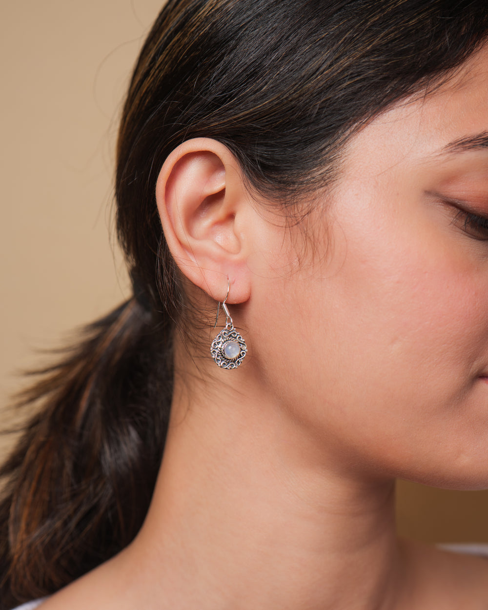 Moon Stone Carved Round 925 Silver Earrings The Spring Story