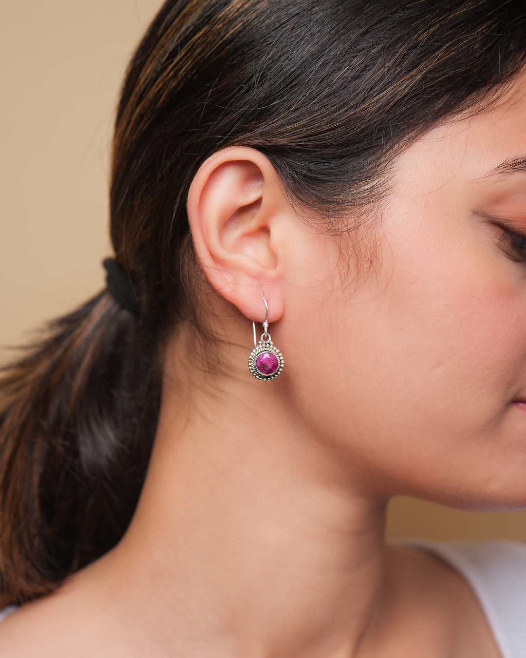 Dyed Ruby Round 925 Silver Earrings The Spring Story